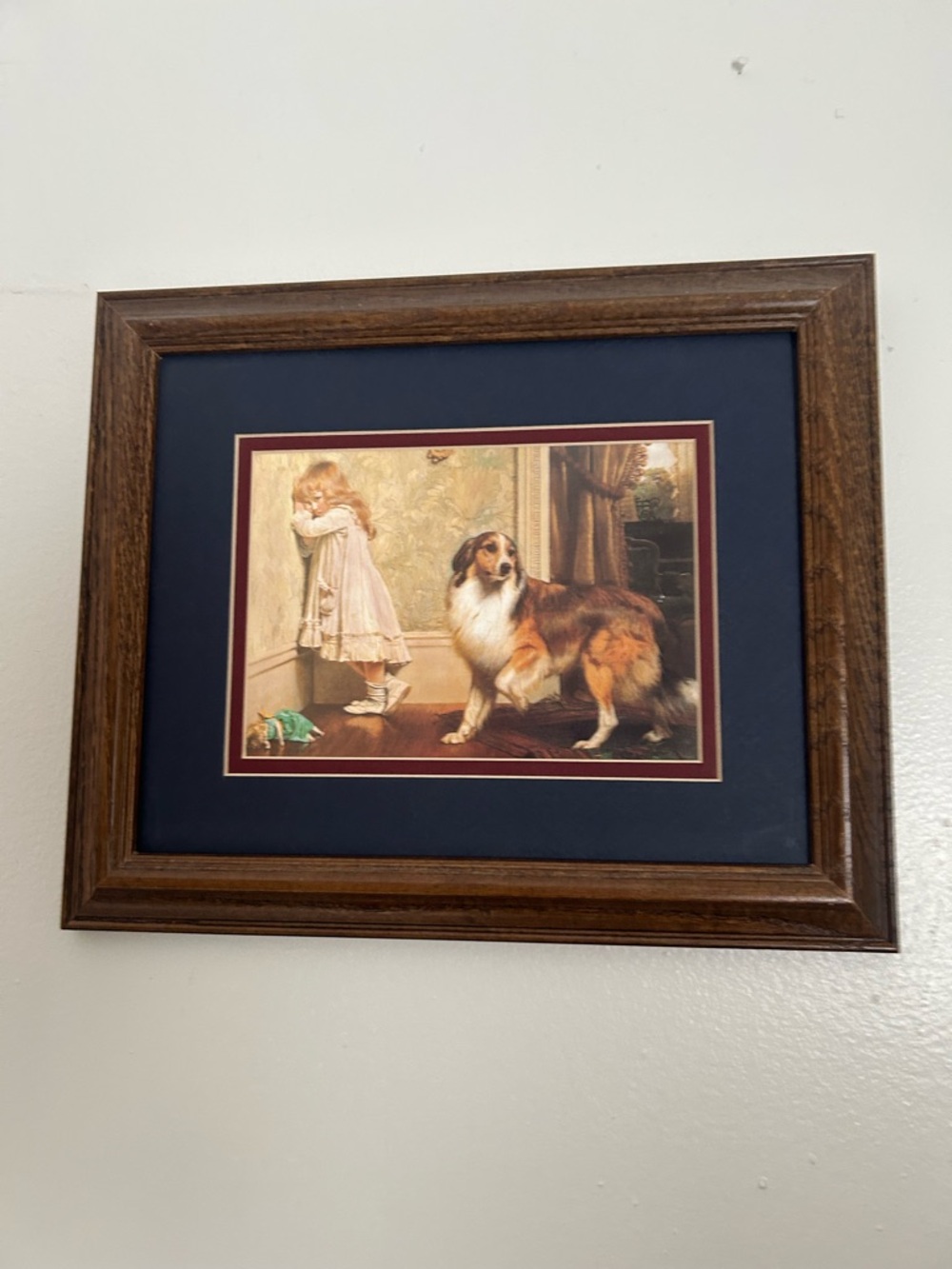 Framed Dog Art Print in Brown Frame with Navy Mat